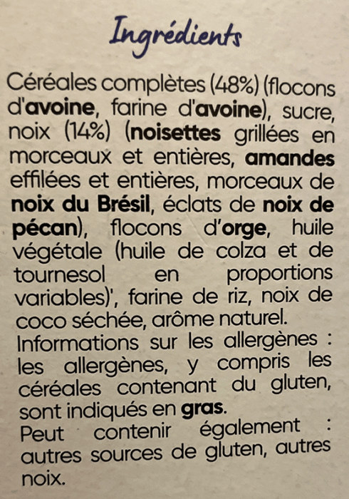 Etiquettes alimentaires céréales 4 noix - Décryptage des étiquettes